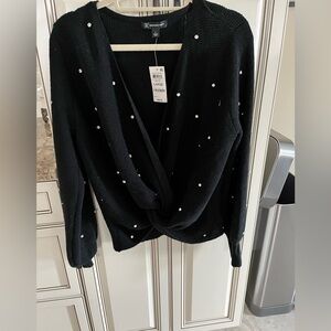 Black INC long sleeve sweater twist front with crystals size large